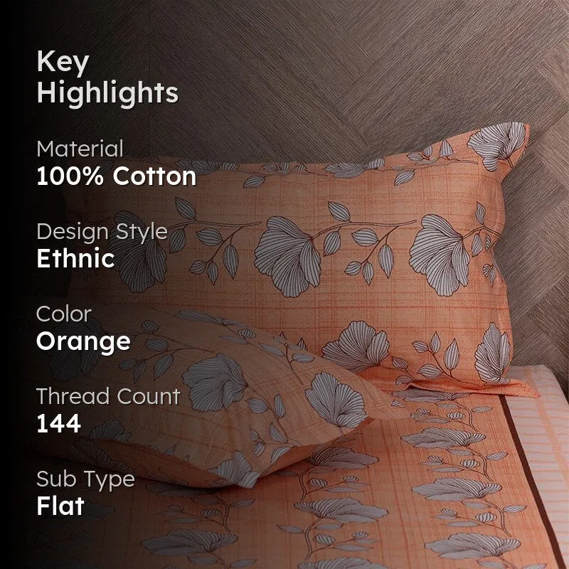 Manora Floral Cotton Bedsheet (Orange) - 144 TC media 2