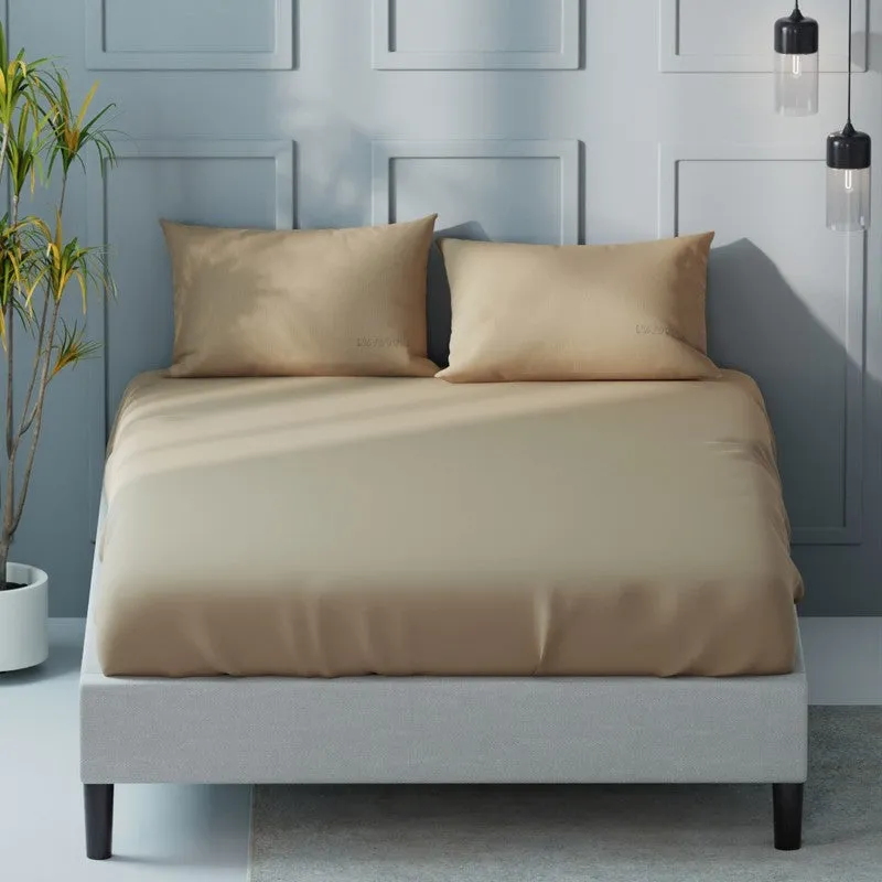 Front view of khaki solid bedsheet with two matching pillow covers
