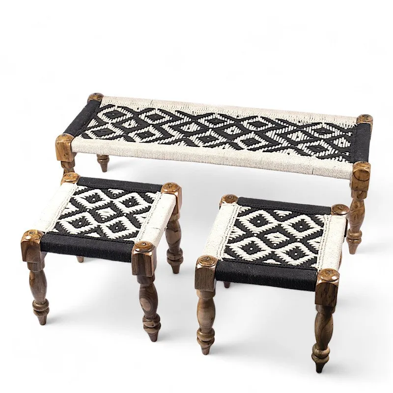 Calrix Sheesham Wooden Bench with Stools (Black,White) - Three Piece Set media 4