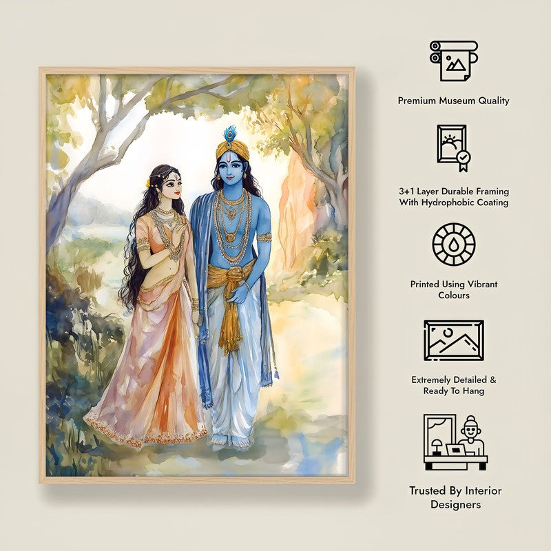 Radha Krishna Spiritual Archival Paper Wall Painting - Natural Brown Frame media 8