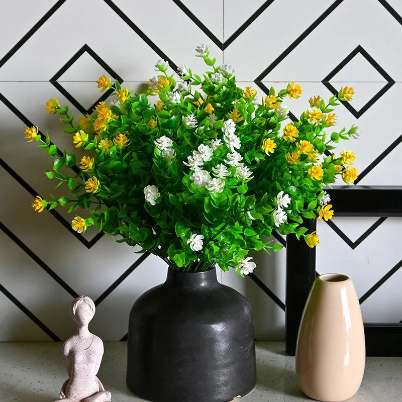 Faux Kalanchoe Artificial Flower Stick (White & Yellow) - Set of Six media 1