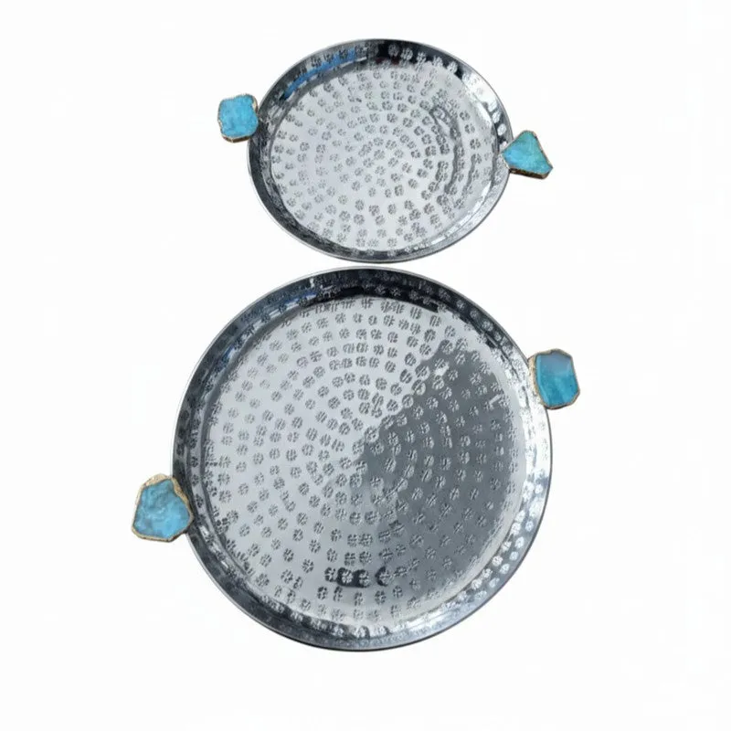 Samitha (Aluminum,Agate) Platter With Agate Decoration (Green) - Set of Two media 4