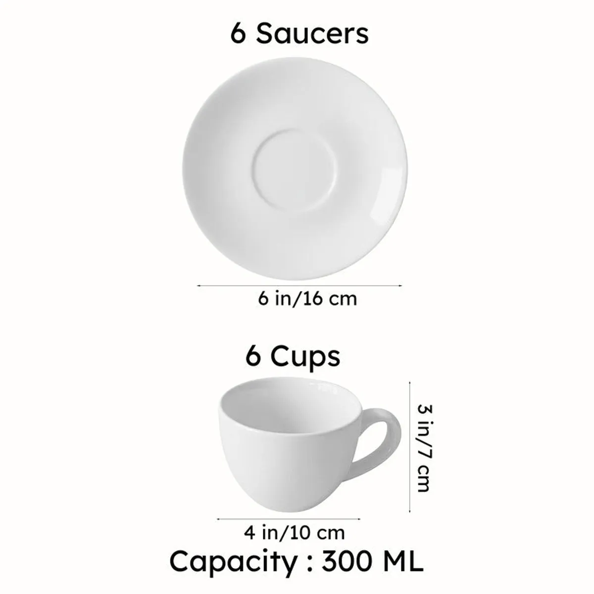 Six plain saucers and six cups shown with their dimensions