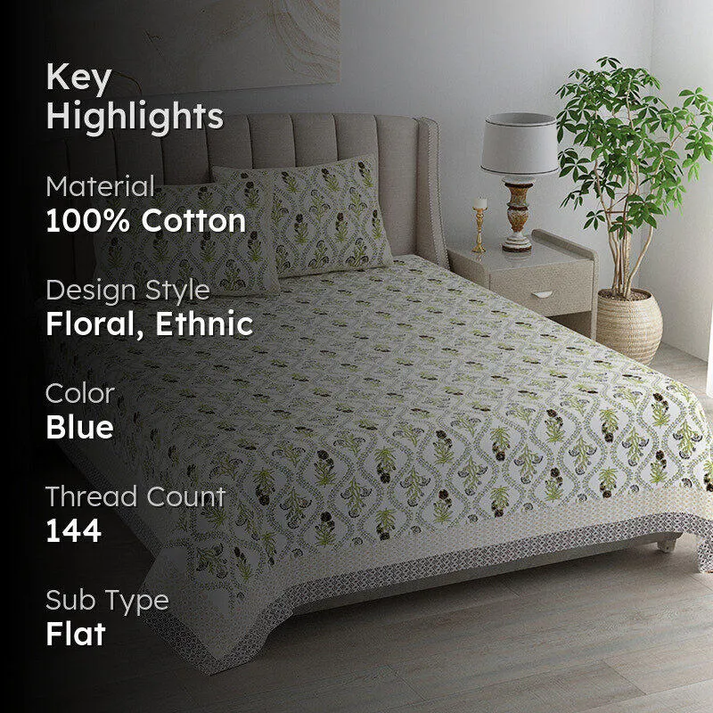 Ethnik Blooms Cotton Bedsheet (Soft Green) - 144 TC media 2