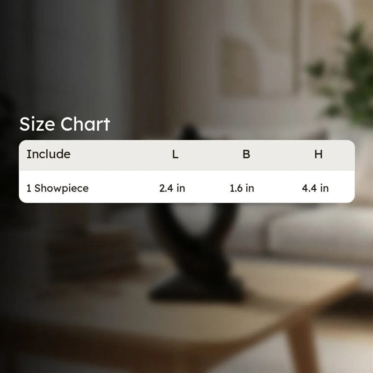 Blurred room setting with a showpiece and an overlaid size chart table