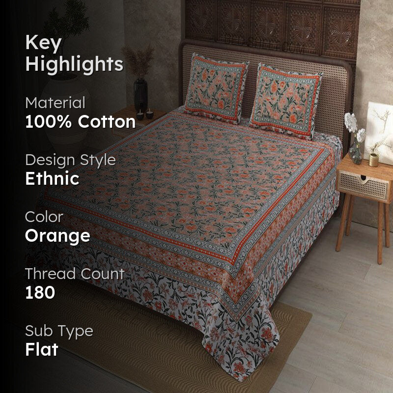 Nagumo Floral Cotton Bedsheet (Orange) - 180 TC media 2