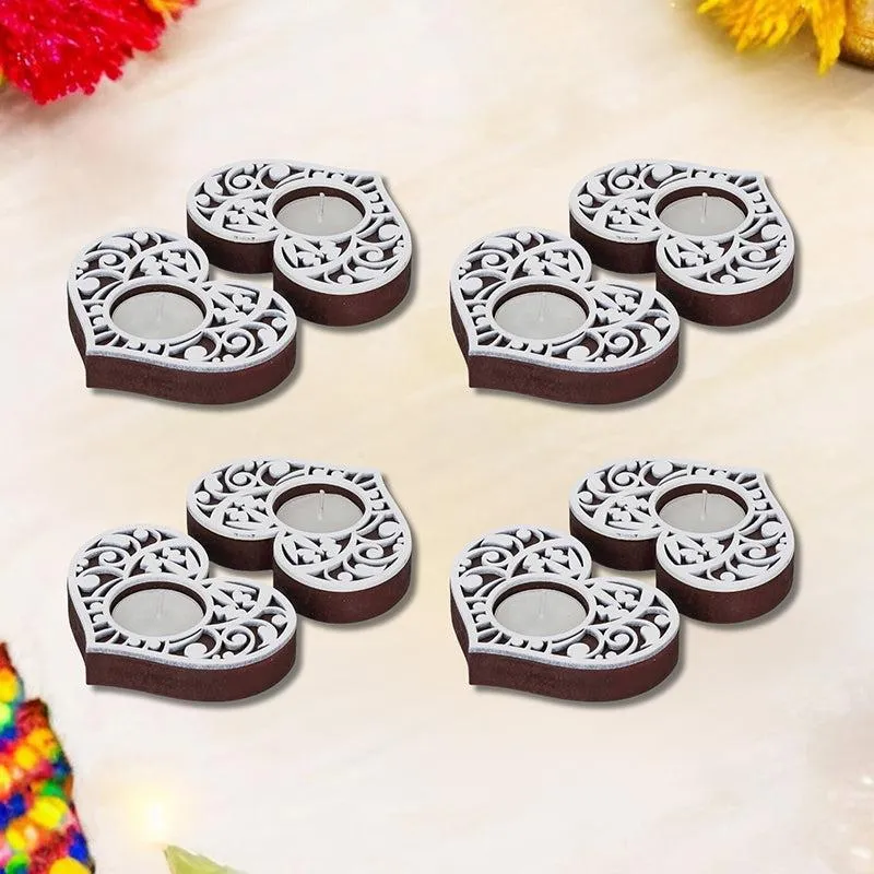 Intricate Heart Wood Tea Light Holder (Black) - Set Of Eight media 1