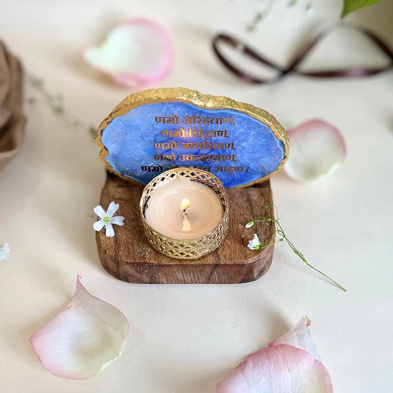 Namokar Mantra Agate Religious Accent With Tea Light Holder - Blue media 5