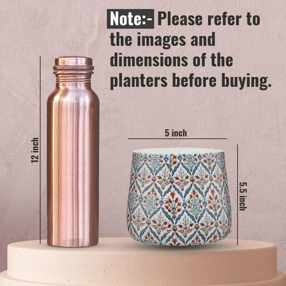 Floral patterned planter shown beside a copper-coloured bottle