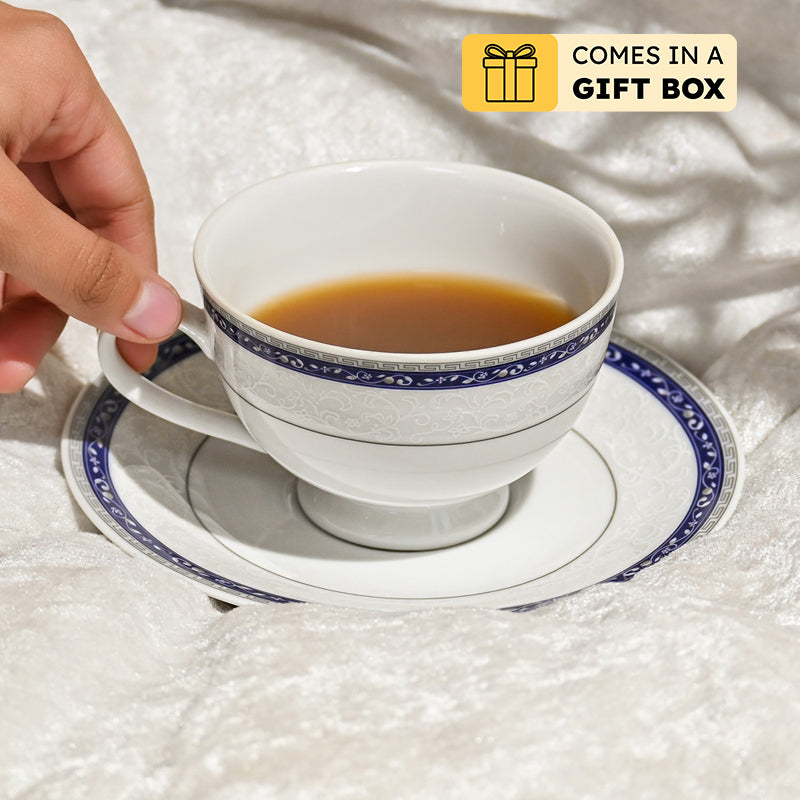 Dinole 24k Gold Brushed Porcelain Tea Cup & Saucer (280 mL Each) - Set of Six