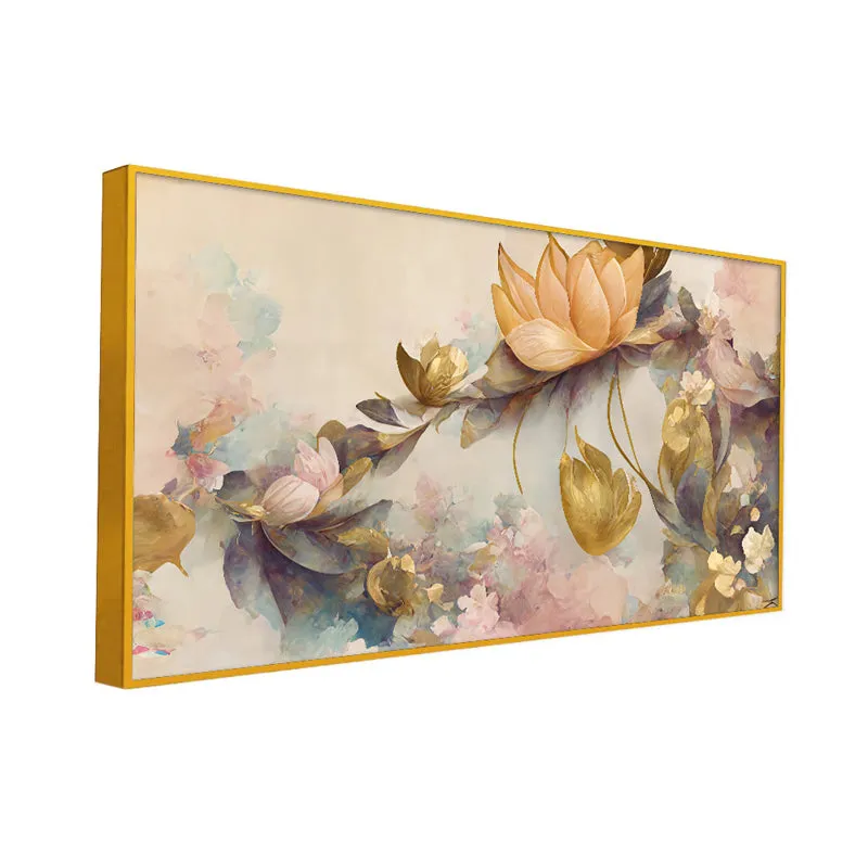 Lotus Of Whimsy Floral Canvas Wall Painting With Frame - Gold media 3