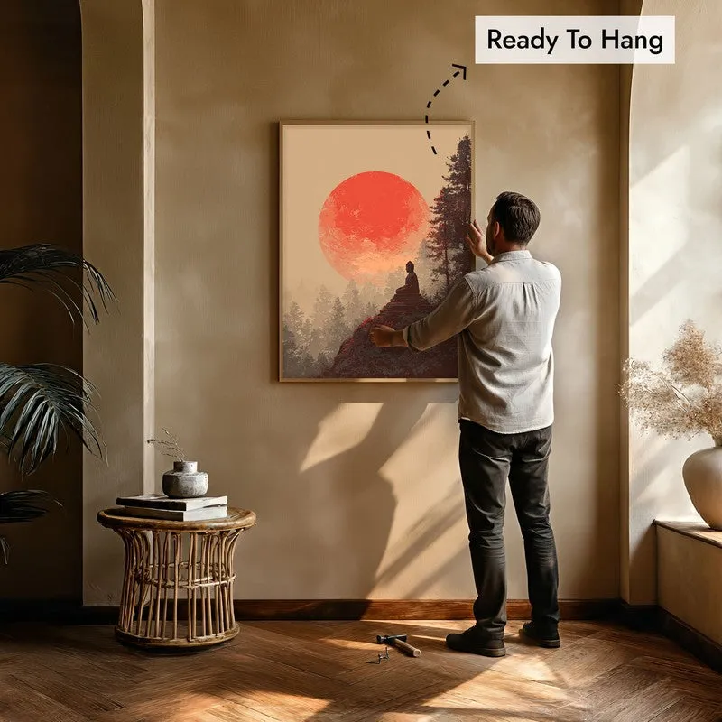 Man placing a framed Buddha artwork on a warm-toned interior wall