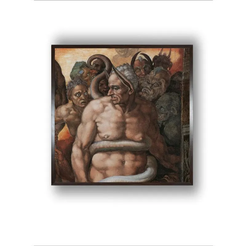 Close front view of a framed classical canvas painting with soft shadow on white background