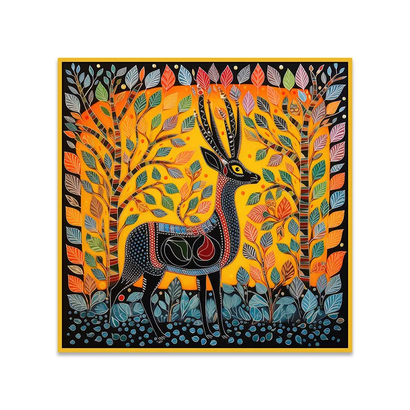Deer In Trance Canvas Wall Painting With Frame - Gold media 5