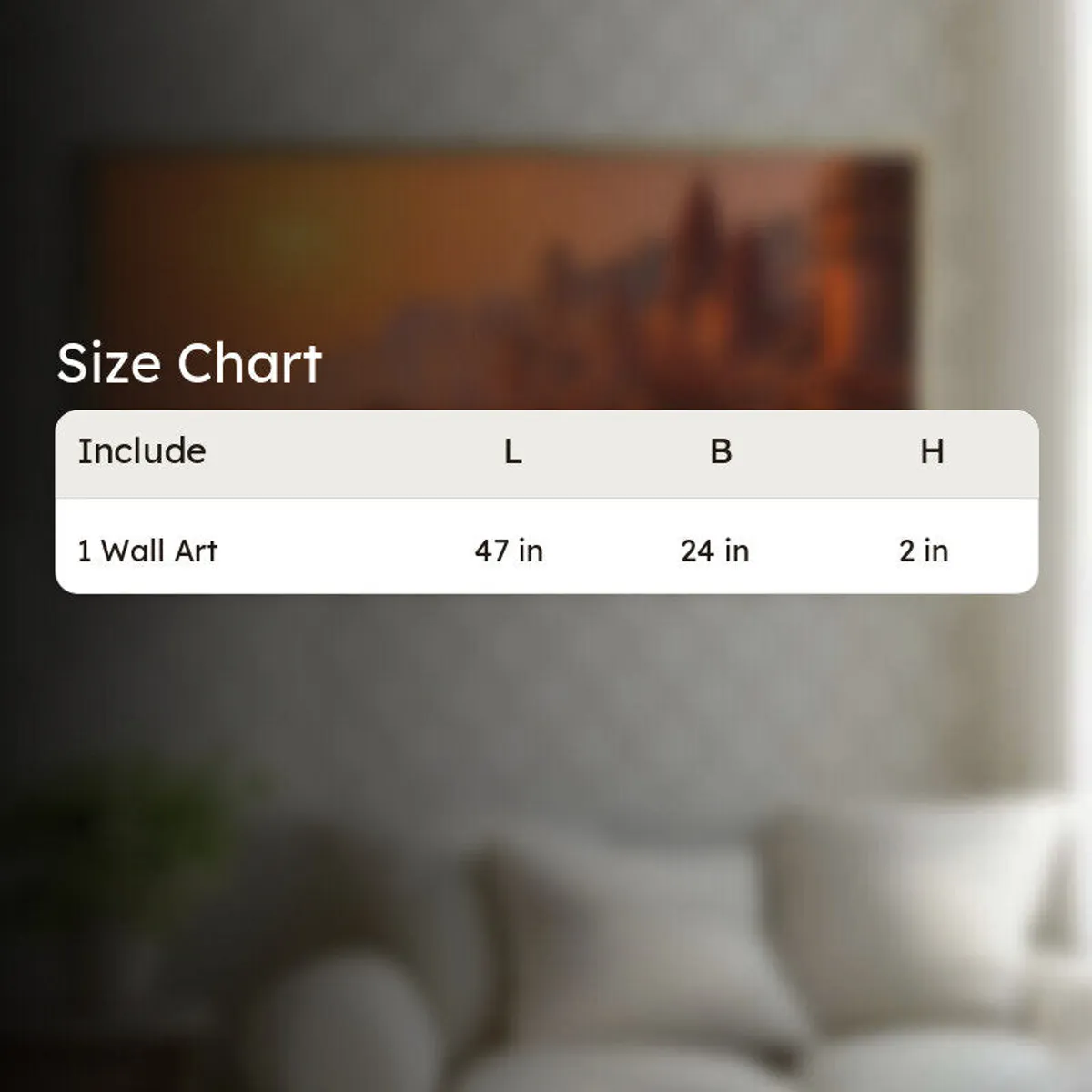 Blurred room scene with the wall art in the background and an overlaid size chart