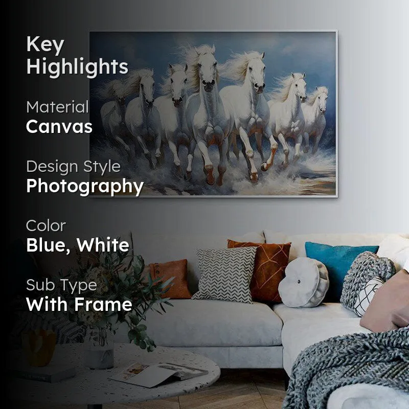 Stallions In Wind Canvas Wall Painting With Frame - White media 2
