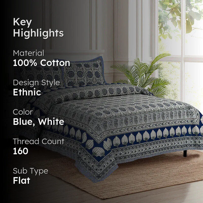 Ayati Ethnic Cotton Bedsheet (Blue) - 160 TC media 2