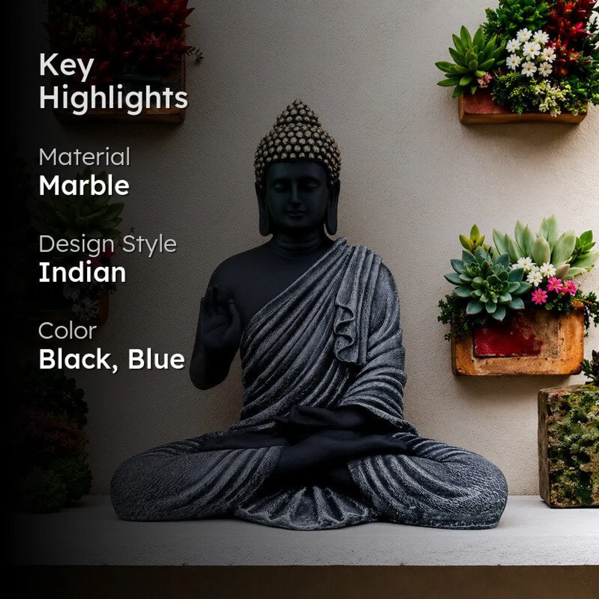 Highlight image of black and blue Buddha idol with material and style text