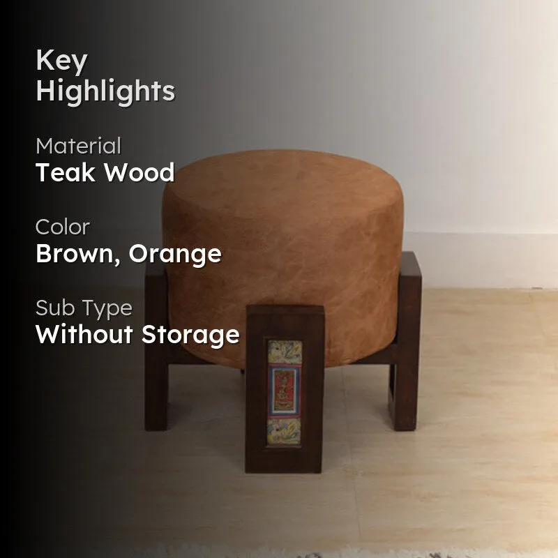 Suede Teak Wood Pouffe - Orange media 2