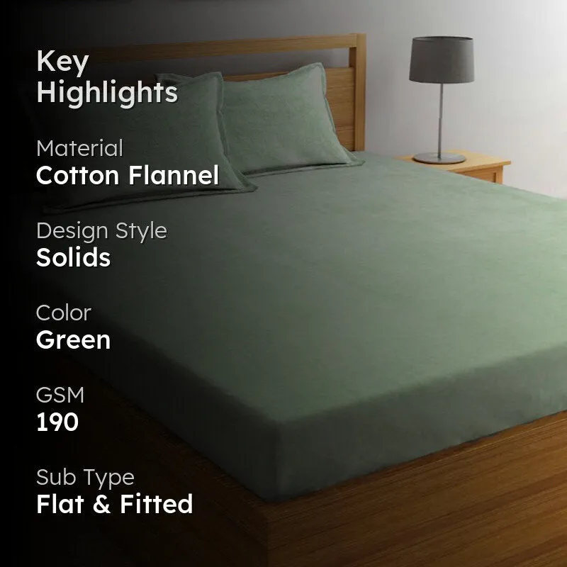 Sea green bedsheet on a bed with key highlights text overlay