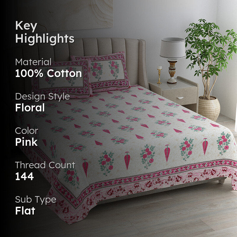Floral Garden Cotton Bedsheet (Pink) - 144 TC media 2