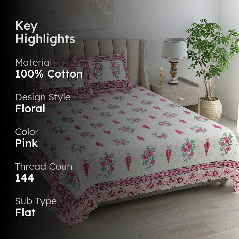 Floral Garden Cotton Bedsheet (Pink) - 144 TC media 2