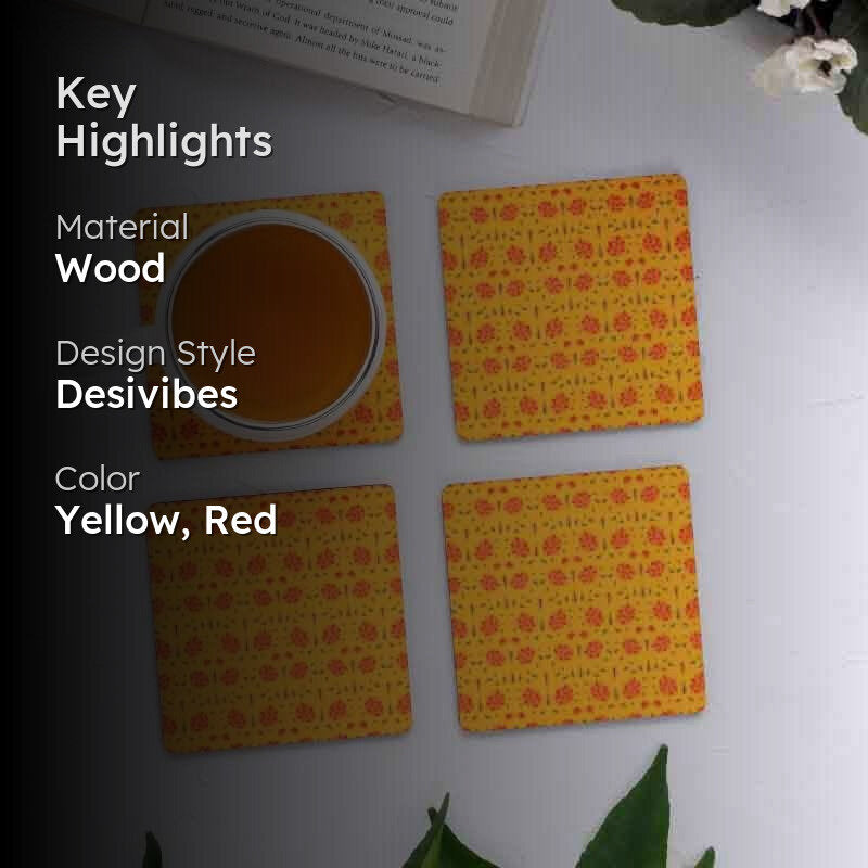 Magnate Mughal Floral Yellow Square Coasters - Set Of Four media 2