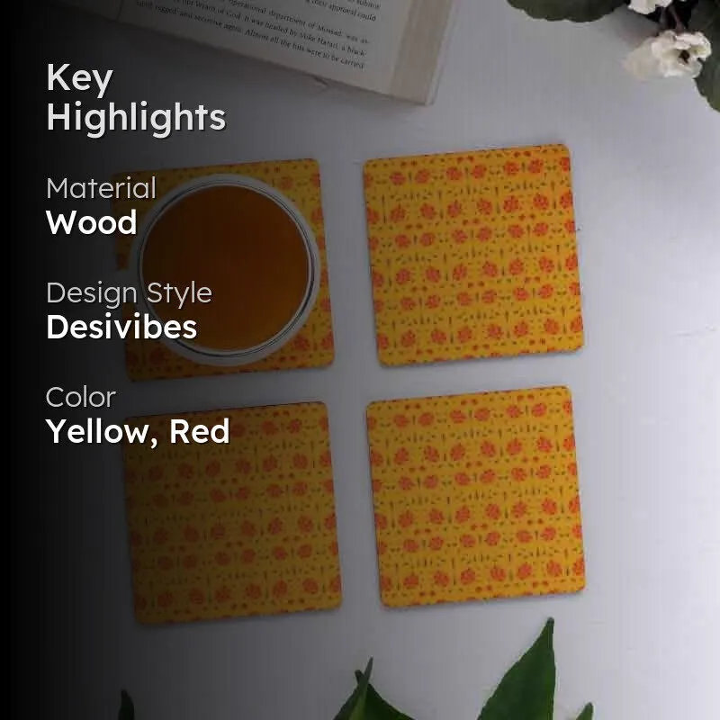 Magnate Mughal Floral Yellow Square Coasters - Set Of Four media 2