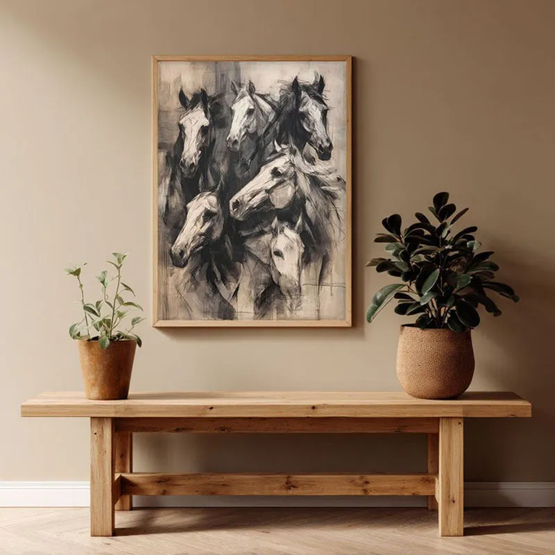 Noble Horses Wall Painting With Brown Frame media 1