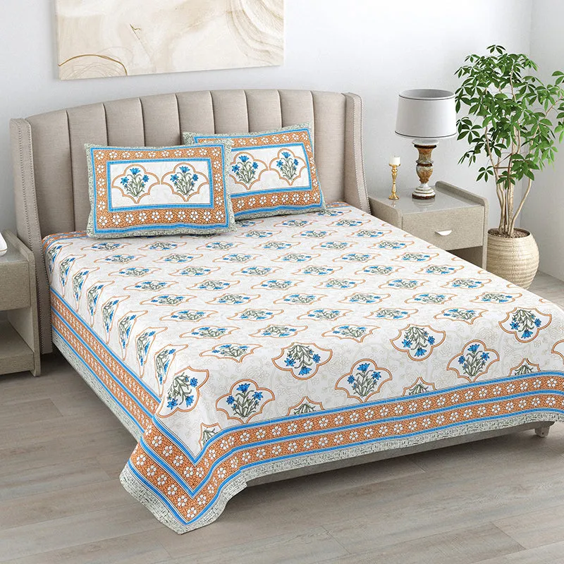 Ishani Cotton Bedsheet (Blue, Orange) - 180 TC media 1