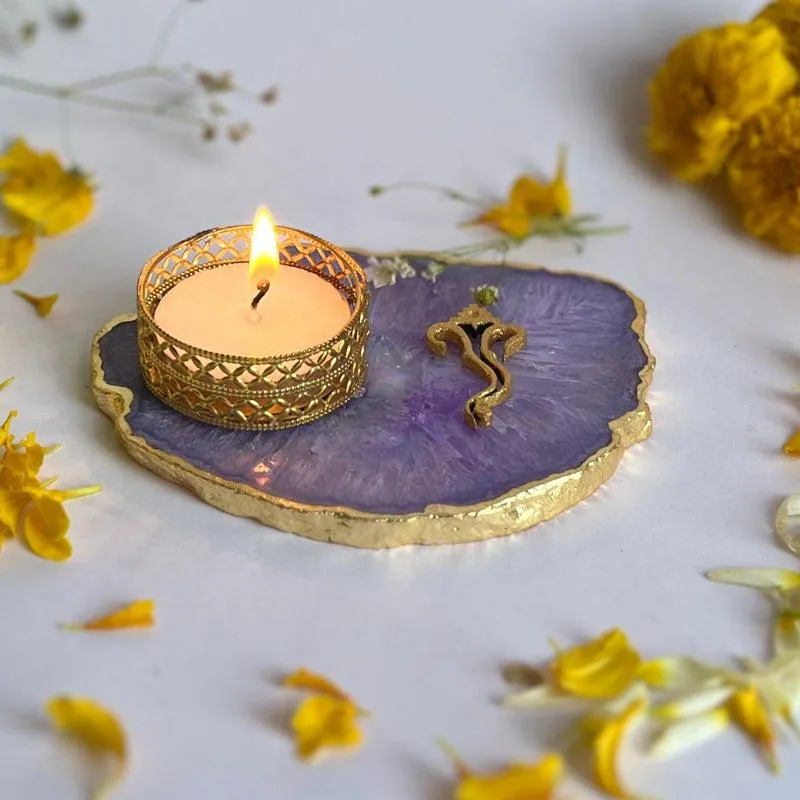 Ganesha Handcrafted Agate Tealight Candle Holder - Purple media 4