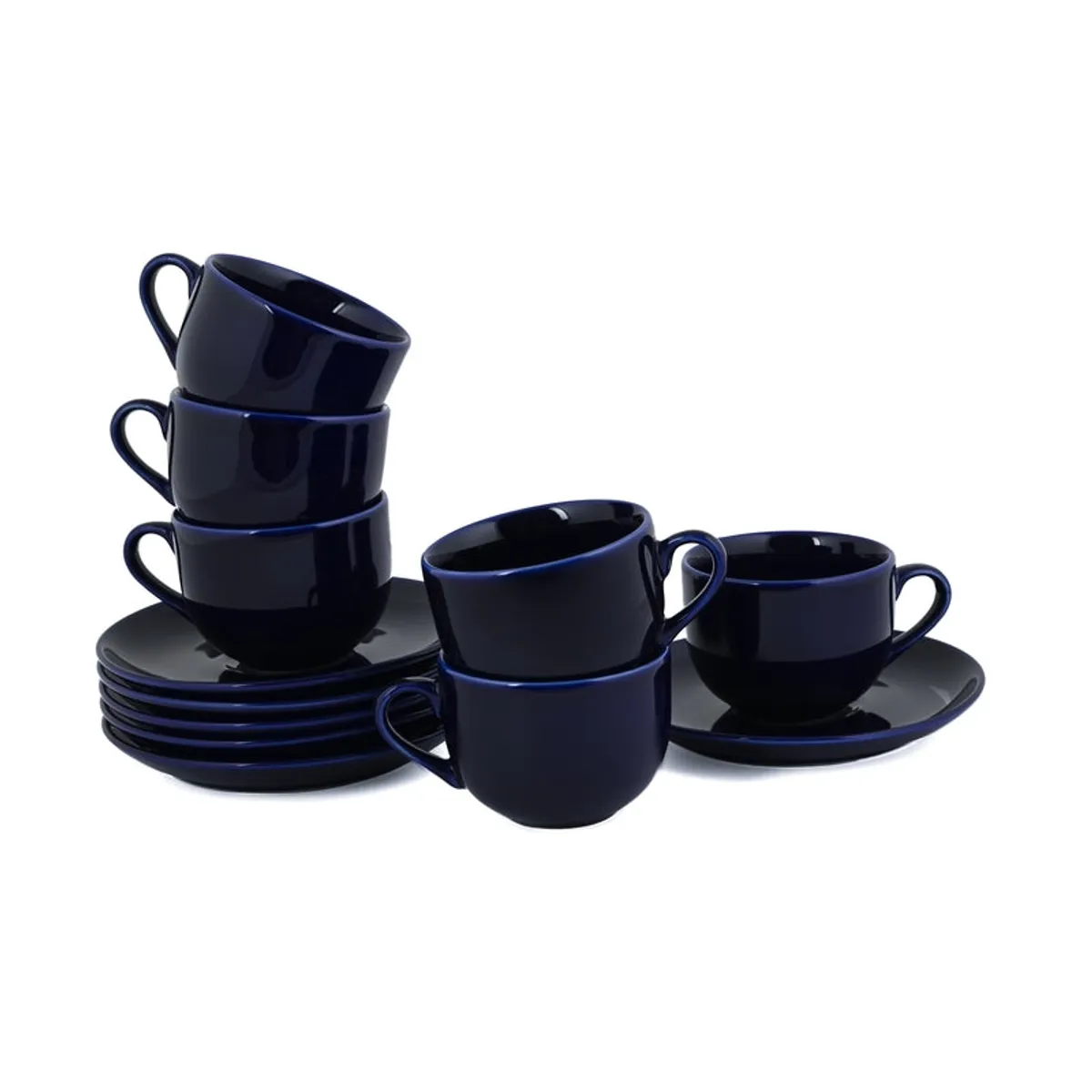Six glossy blue cups and saucers arranged together against a white background