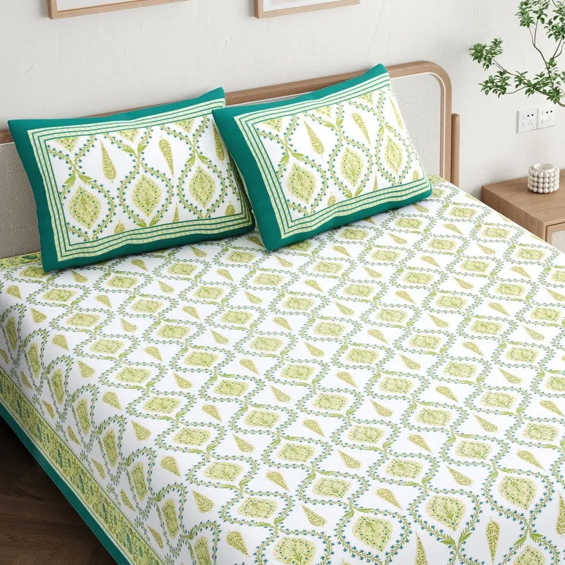 Ambi Bliss Cotton Bedsheet (White,Green) - 180 GSM media 4