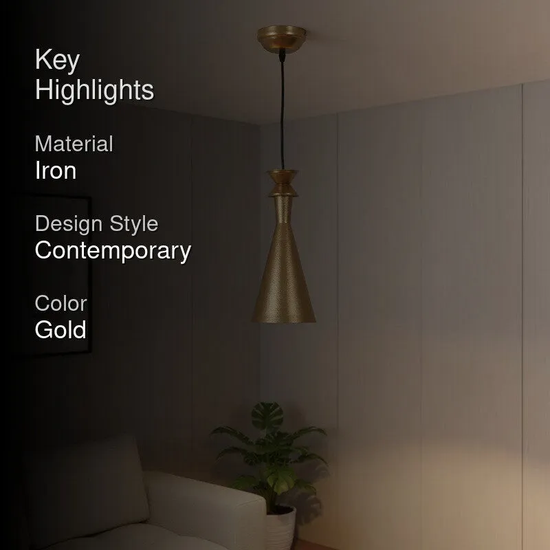 Gold hanging lamp in a modern room with text overlay