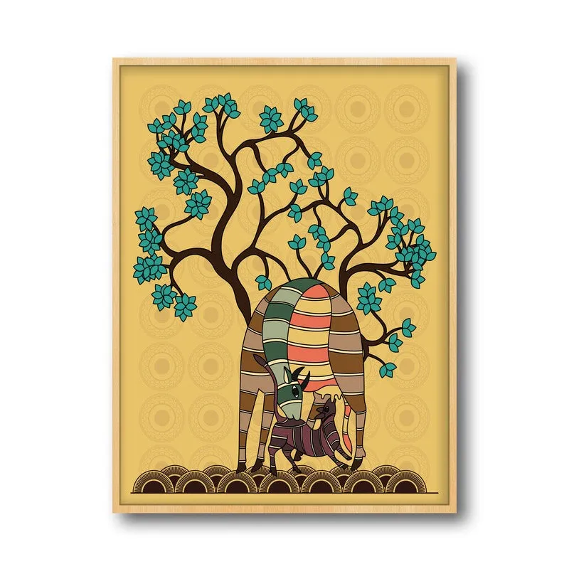 Deer And Fawn Framed Gond Canvas Archival Canvas Wall Painting - Natural Brown Frame media 5