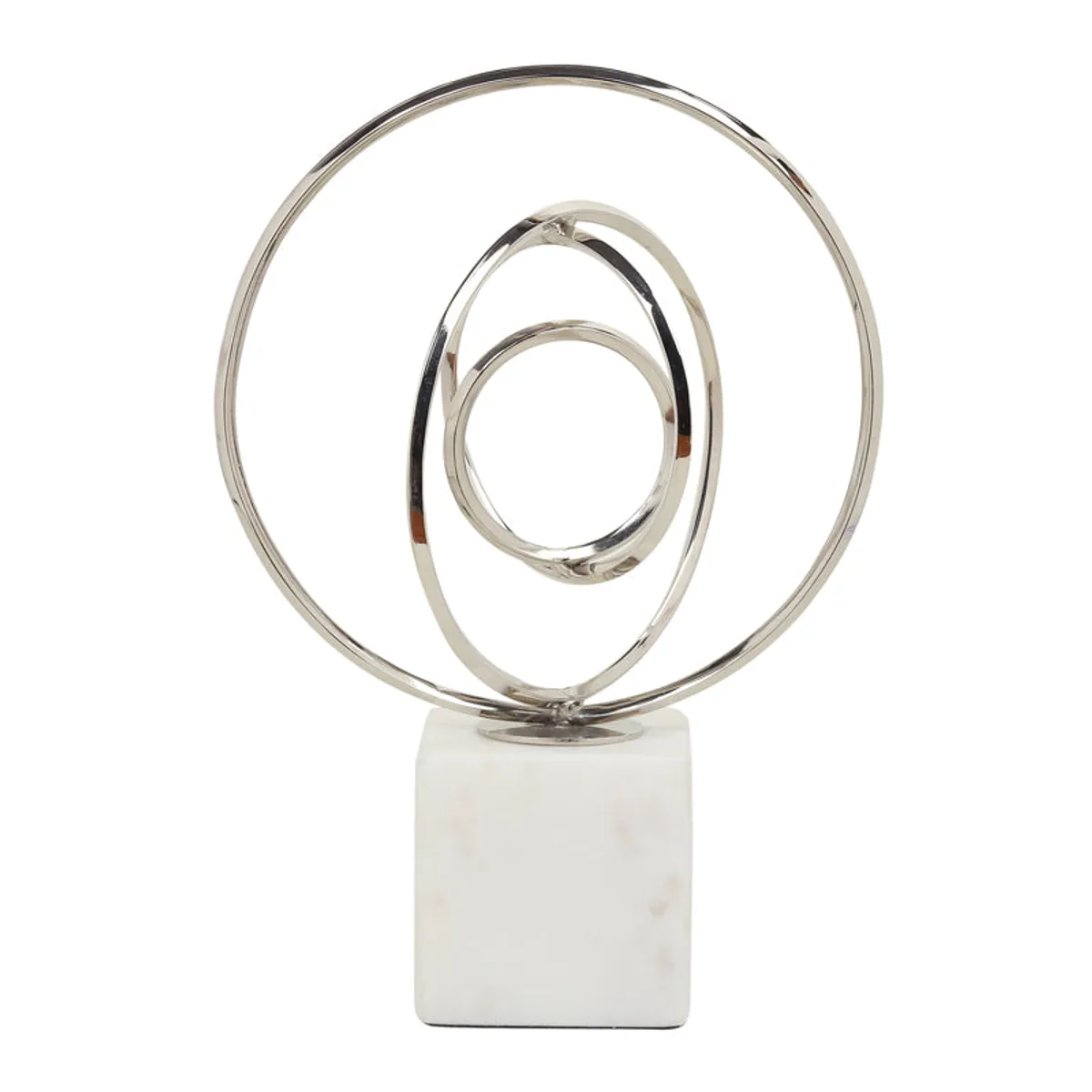 Front view of silver circular metal showpiece on a white marble base