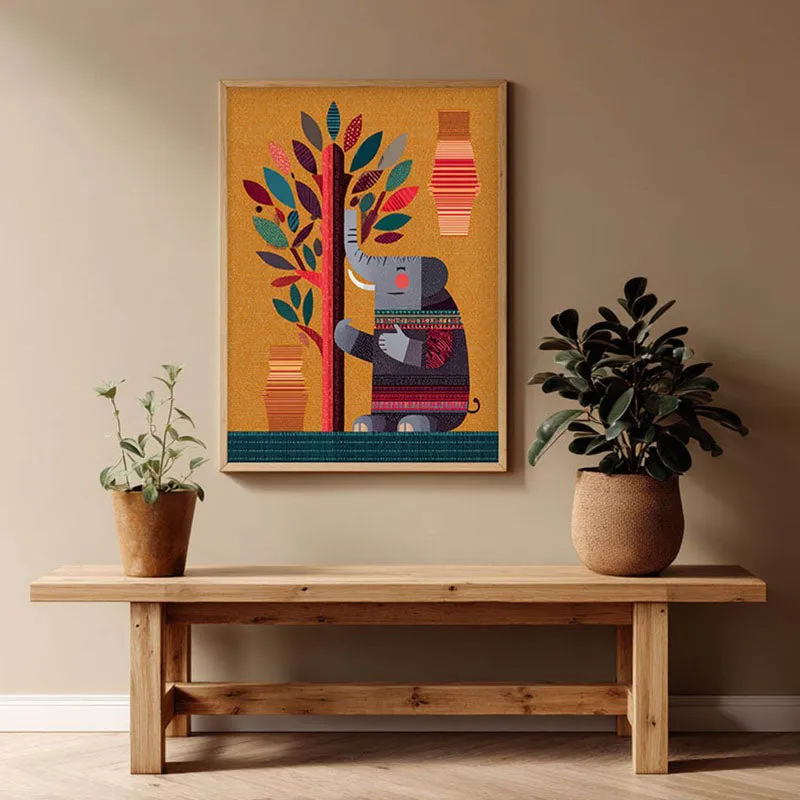 Playful Elephant Canvas Wall Painting With Brown Frame media 1