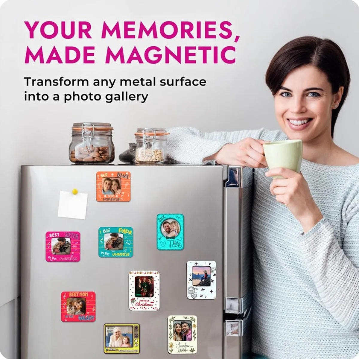 Christmas photo magnets displayed on a refrigerator beside a smiling woman