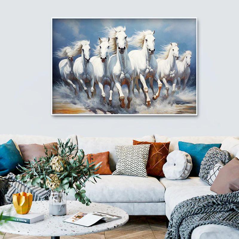 Stallions In Wind Canvas Wall Painting With Frame - White