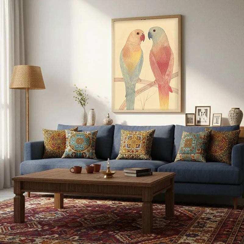Lovebirds Illustration Canvas Wall Painting With Brown Frame media 4