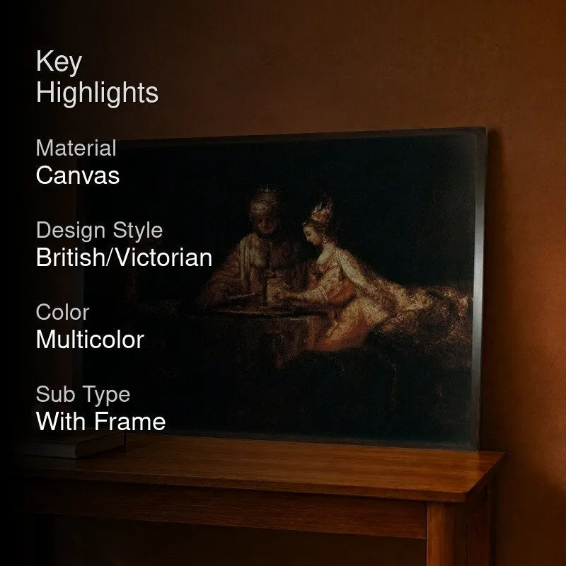 Framed classical painting styled on a console table in a warm brown interior