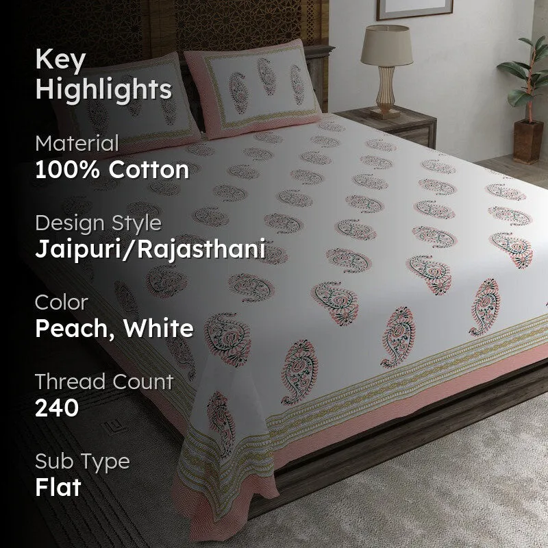 Arta Cotton Bedsheet (Peach,White) - 240 TC media 2