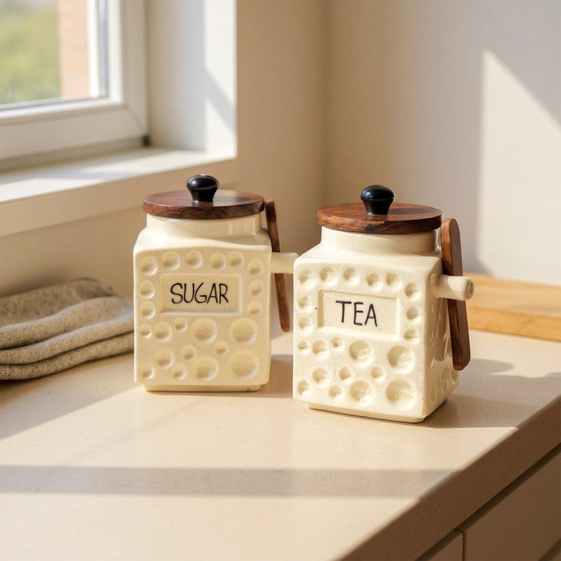 Rustica White Ceramic Container With Wooden Spoons - Four Piece Set