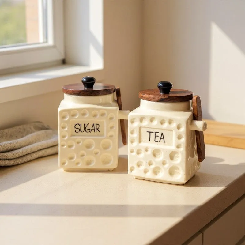 Rustica White Ceramic Container With Wooden Spoons - Four Piece Set media 1