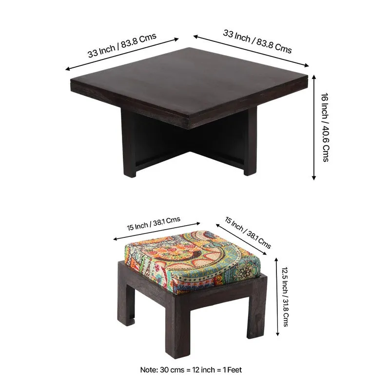 Evrino Sheesham Wooden Center Table with Stools and Cushions (Deep Brown,Multicolor) - Nine Piece Set media 12