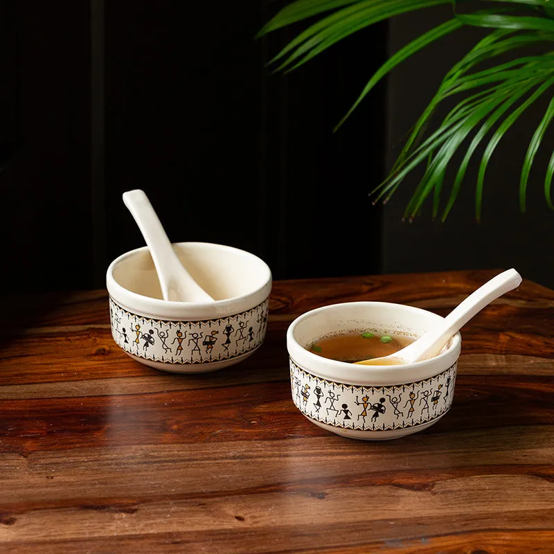 Warli Whirls Handcrafted Ceramic Soup Bowl With Spoon (300 mL) - Four Piece Set media 1