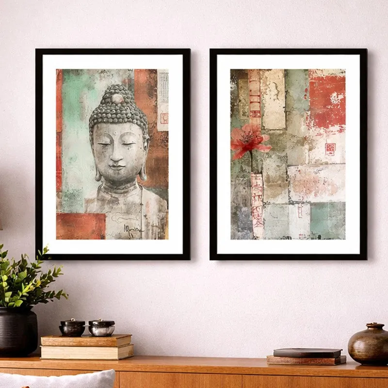Earthly Buddha Wall Art With Frame - Set Of Two media 1