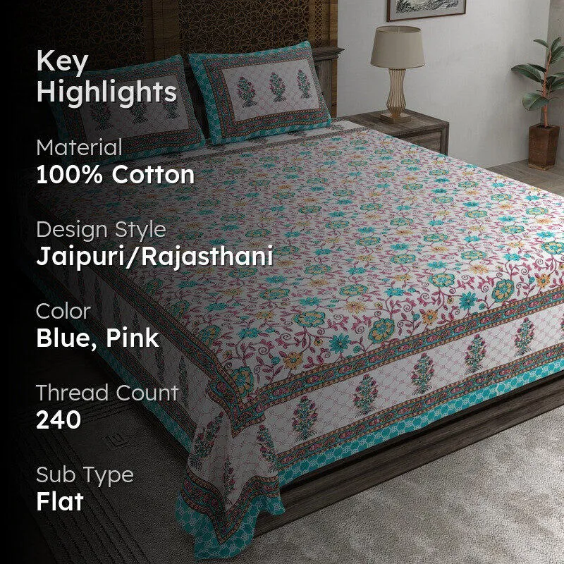 Gridon Cotton Bedsheet (Blue,Pink) - 240 TC media 2