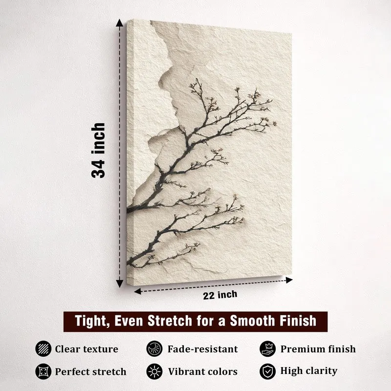 Angled front view of abstract branch canvas wall art with textured beige surface