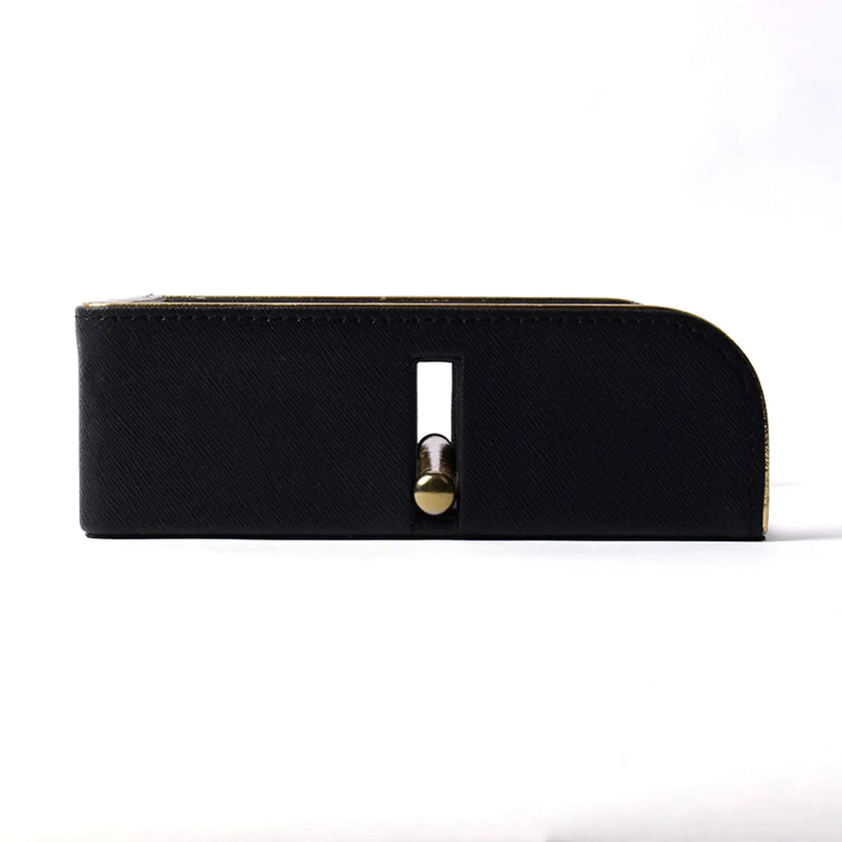 Side view of the black tissue holder with a gold-edged curved side